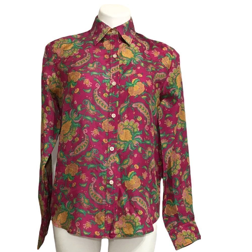 Ralph Lauren Pink Floral Long Sleeve Blouse 100% Silk Size Small